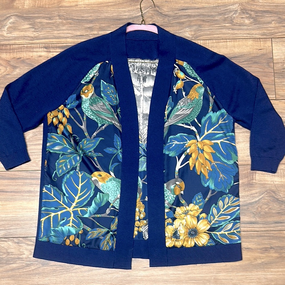 Bird & Floral Patterned Blue silk and Moreno wool luxury woman’s Cardigan.